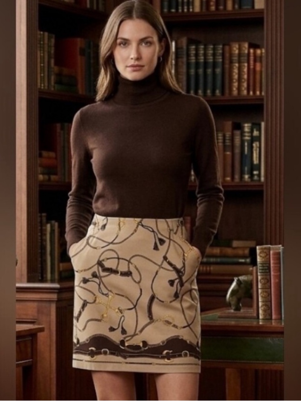 Talbots sz 10 Petite 10P brown beige equestrian inspired skirt, pockets cotton